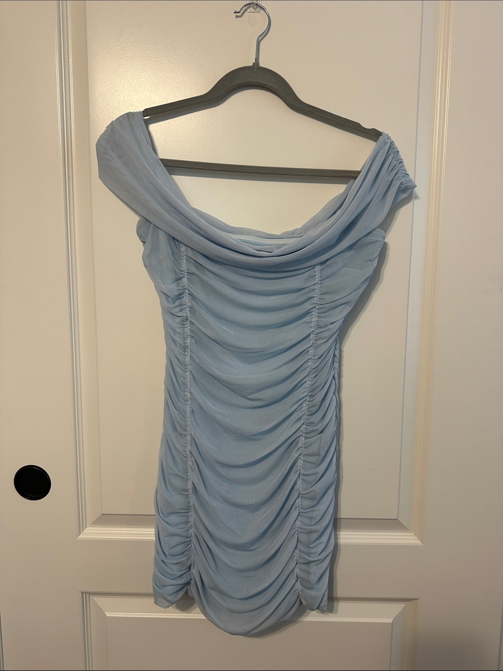 Princess Polly Light Blue Off-Shoulder Ruched Mini Dress